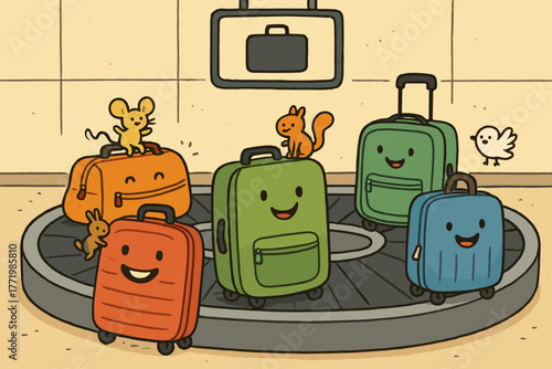 Whimsical Luggage Carousel. Cartoon luggage carousel with grinning bags spinning around, tiny doodle critters riding along