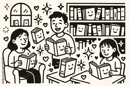 Whimsical Library Delight. A doodle illustration of a cozy library where books smile as people enjoy them, while glowing stars and