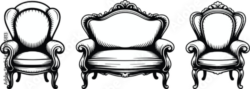 Vintage chair and loveseat set, ornate furniture vector illustration, classical seating design, elegant scrollwork armrests, antique interior decor asset
