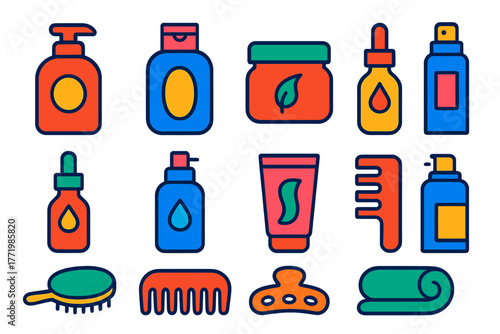 Haircare Icon Set. Flat vector icons of Haircare Products: shampoo, conditioner, hair mask, oil, serum, mousse, gel, hairspray,