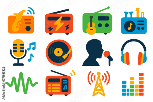 Vibrant Radio Icons. Flat vector icons of radio music: jazz broadcast symbol, rock n roll radio, country music station, orchestral