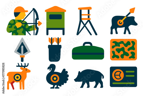 Hunting Archery Icons. Flat vector icons of hunting archery: camouflaged archer, hunting blind, tree stand, arrow in animal target
