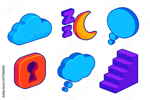 Lucid Dream Elements. Isometric vector illustration set Lucid Dream: bright cloud, glowing moon, scattered Zzz, transparent