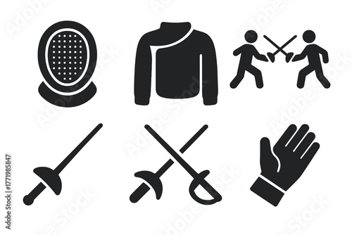 Classic Sword Fighting Icons. Solid style icons of Classic Sword Fighting Gear: Fencing Mask, Mesh, Bib, Duel, Foil, Épée, Sabre,
