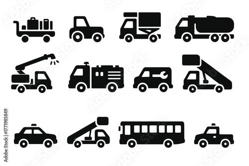 Airport Ground Vehicles. Solid style icons of airport ground vehicles: baggage cart, pushback tug, catering truck, fuel tanker, de