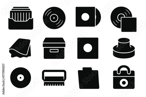 Record Collecting Icons. Solid style icons of record collecting: vinyl crate, stack of records, protective sleeve, album cover,