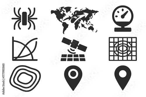 Magnetic Field Icons. Solid style icons of magnetic map and data: Field Line Diagram, World Map with Arrows, Magnetometer Icon,
