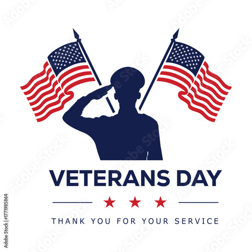 Veterans Day graphic featuring a soldier silhouette saluting over a US flag with a red banner text: VETERANS DAY. A patriotic vector design for honoring military service and American heroes.