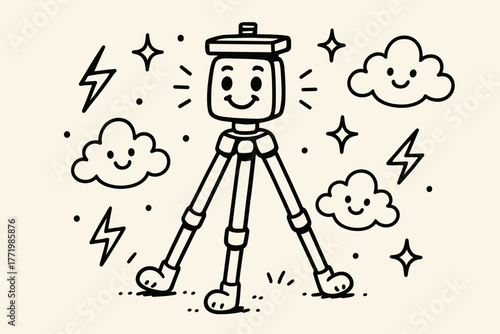 Cheerful Tripod Doodle. Cute doodle vector artwork of a cheerful tripod standing proudly with grinning legs, surrounded by doodle