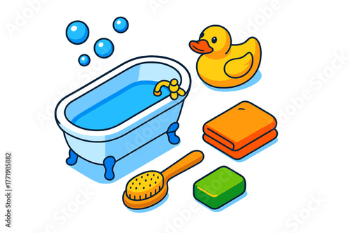 Bathhouse Relaxation Icons. Isometric vector illustration set Bathhouse Relaxation: classic bathtub, yellow rubber duck, floating