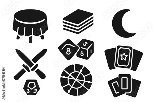 Tarot Reading Essentials. Solid style icons of tarot reading setup: Round Table, Draped Cloth, Deck Stack, Moon Symbol, Ritual