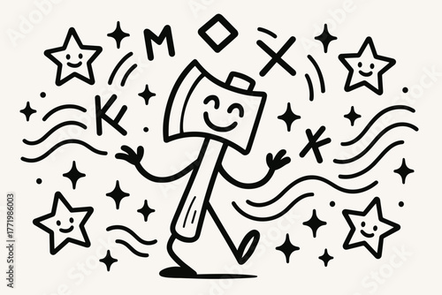 Juggling Axe Circus. Funny doodle vector composition of a smiling axe juggling doodle runes, with sparkly waves and happy stars
