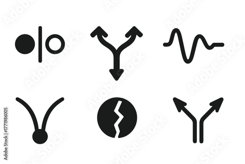 Symmetry Breaking Icons. Solid style icons of symmetry breaking: Mirror Split Icon, Dual-State Divergence, Energy Drop Arrow,