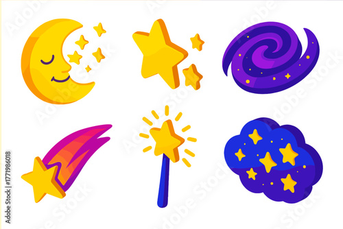 Celestial Dreams Icons. Isometric vector illustration set Celestial Dreams: dreamy moon, soft stars, purple galaxy, glowing comet,