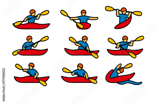 Canoeing Technique Icons. Flat vector icons of Canoeing Techniques: paddle stroke, steering, balancing, portage, bracing, bow draw