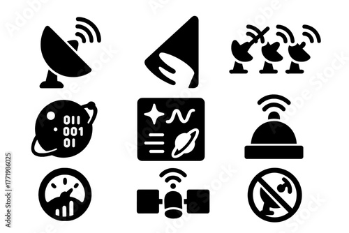 Interstellar Communication Icons. Solid style icons of interstellar communication: Satellite Dish, Signal Beam, Binary Pulse,