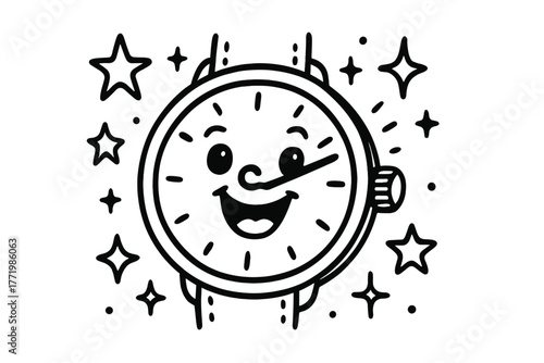 Cheerful Watch Doodle. Adorable doodle vector design of a friendly watch dial with a big grin, its hands pointing joyfully among