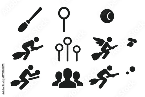 Fantasy Sport Icons. Solid style icons of Fantasy Sport Adaptation: Broomstick, Hoop, Bludger, Snitch Runner, Goal Post, Player,