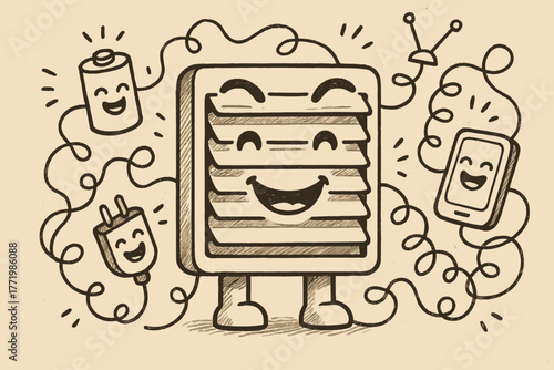 Smiling Robot Window. A doodle of a jalousie window shaped like a smiling robot, its slats acting like moving eyebrows, surrounded