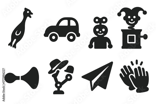 Whimsical Machine Icons. Solid style icons of whimsical machine parts: Rubber Chicken, Toy Car, Wind-Up Figure, Jack-in-the-Box,