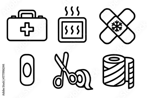 Safety First Line Icons. Line style icons of Safety and First Aid: first aid kit, thermal patch, cold-weather bandages, blister