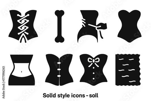 Antique Corset Icons. Solid style icons of Antique Corset: Laces, Bone, Tightening, Silhouette, Waist, Hook, Ribbon, Fabric, No
