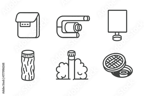 Hidden Cache Icons. Line style icons of Hidden Cache Techniques: Velcro mount, fake pipe, magnet plate, bark camo wrap, PVC tube