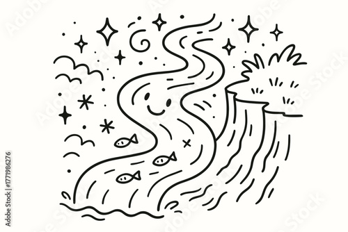 Smiling River Adventure. Whimsical doodle vector illustration of a smiling river winding playfully toward the edge of a cliff,