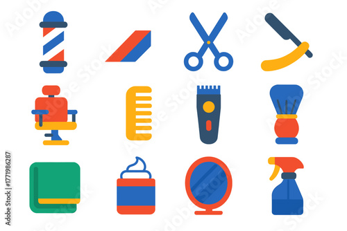 Barber Shop Icons. Flat vector icons of Barber Shop: barber pole, stripes, scissors, razor, chair, comb, hair clipper, brush,