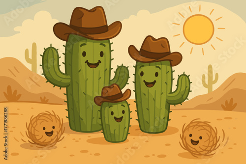 Cactus Family Fiesta. Smiling cactus family in cowboy hats under the desert sun, tiny tumbleweeds rolling with happy faces