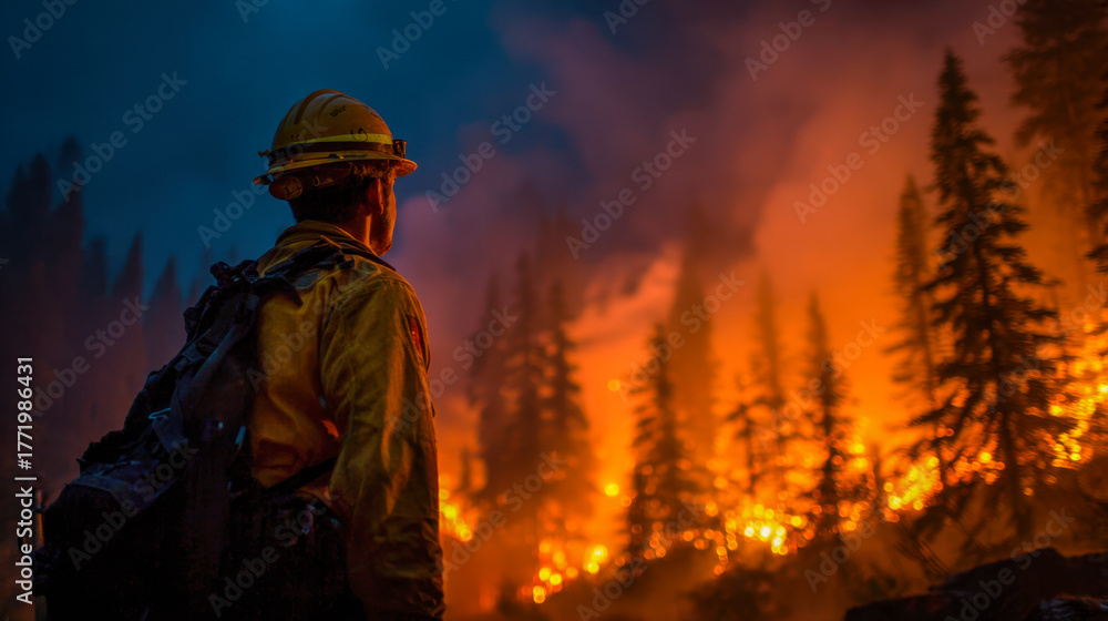 Fototapeta premium Firefighter assessing the blazing forest fire at dusk surrounded by tall trees engulfed in bright orange flames and thick smoke in a critical emergency situation