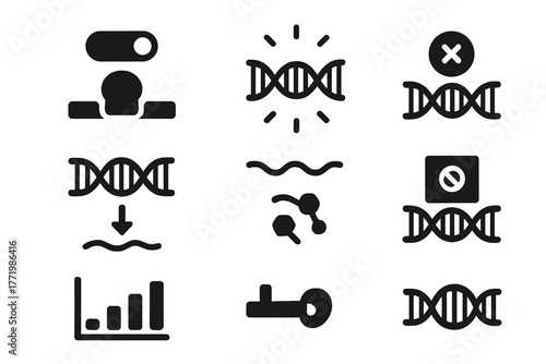 Gene Expression Icons. Solid style icons of gene expression regulation: Transcription On/Off, Active Gene Glow, Inhibited Promoter