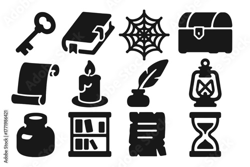 Hidden Secrets Icons. Solid style icons of Hidden Secrets: Ancient Key, Dusty Tome, Cobweb, Chest, Scroll, Candle, Quill, Lantern,