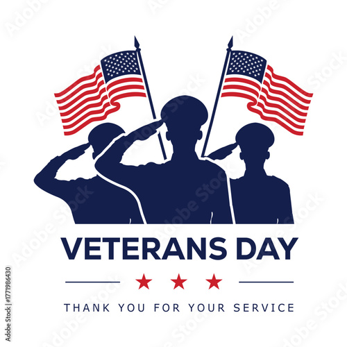 Veterans Day graphic featuring a soldier silhouette saluting over a US flag with a red banner text: VETERANS DAY. A patriotic vector design for honoring military service and American heroes.