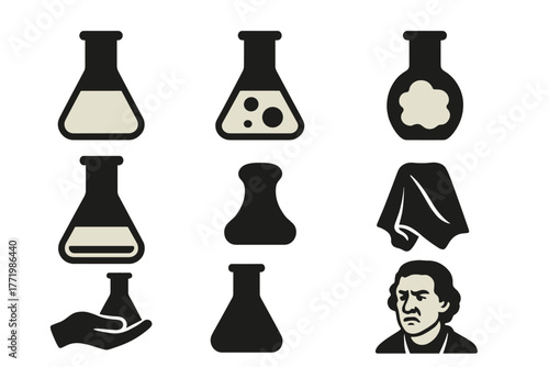 Historical Uroscopy Icons. Solid style icons of historical uroscopy practice: Yellow Tint, Red Hue, Cloudy Sample, Sediment Ring,