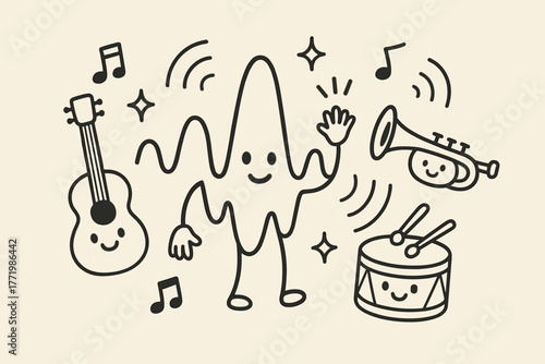 Friendly Sound Wave Character. Charming doodle vector design of a friendly sound wave character waving, surrounded by sparkles,