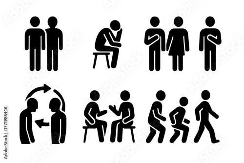 Subconscious Mimicry Icons. Solid style icons of subconscious mimicry: Shadow Figure, Reflective Pose, Subtle Copy, Empathy Loop,