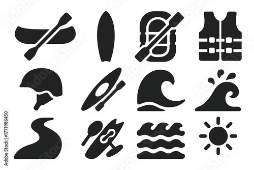 Water Sports Icons. Solid style icons of Water Sports: Canoe, Paddle, Surfboard, Raft, Life Jacket, Helmet, Kayak, Wave, Spray,