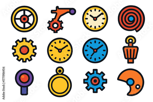 Pocket Watch Icons. Flat vector icons of Pocket Watch Anatomy: balance wheel, escapement, spring, gear, dial, hands, crown, jewel,
