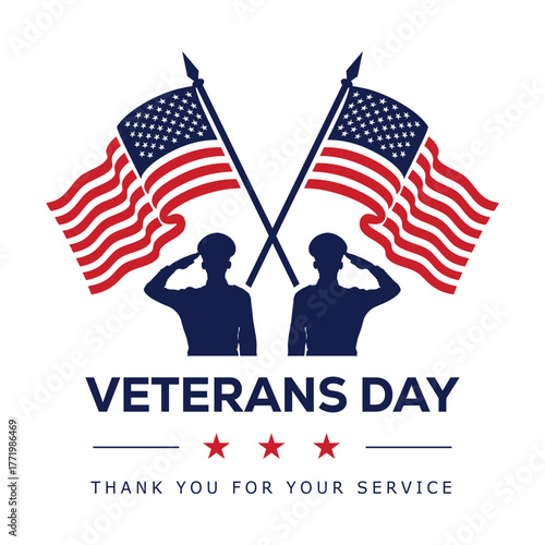 Veterans Day graphic featuring a soldier silhouette saluting over a US flag with a red banner text: VETERANS DAY. A patriotic vector design for honoring military service and American heroes.
