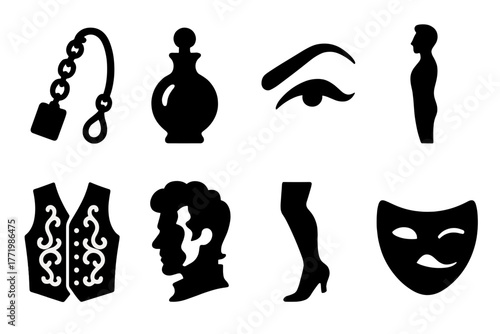 Historical Dandy Icons. Solid style icons of historical dandy flair: Fob Chain, Perfume Vial, Dramatic Eyebrow, Posture Line,