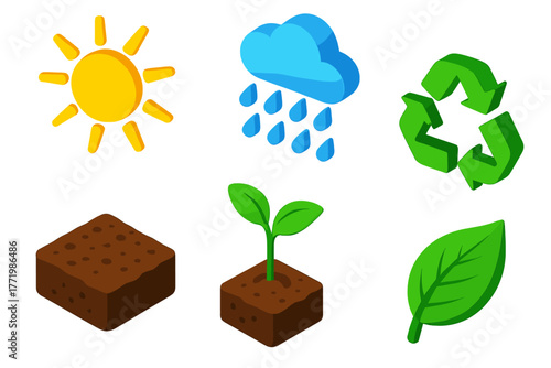 Sustainable Nature Icons. Isometric vector illustration set Sustainable Nature: radiant sun, heavy rain, rich soil, young seedling