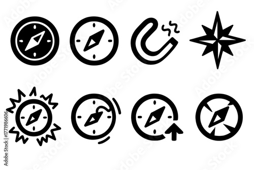 Compass and Magnetism Icons. Solid style icons of compass and magnetism: Traditional Compass Face, Misaligned Needle, Distorted