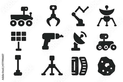 Space Robotics Icons. Solid style icons of space robotics: Mars rover, robotic claw, satellite arm, space probe, solar panel,