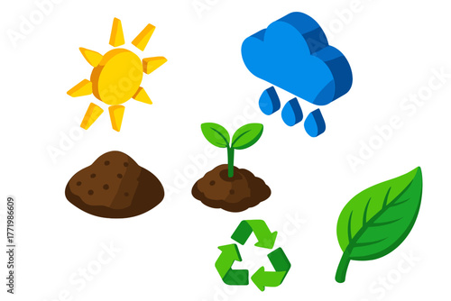 Sustainable Nature Icons. Isometric vector illustration set Sustainable Nature: radiant sun, heavy rain, rich soil, young seedling