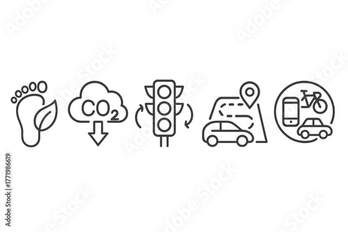 Eco-Smart Mobility Icons. Line style icons of Eco-Smart Mobility Concepts: carbon footprint symbol, CO2 saved icon, smart traffic