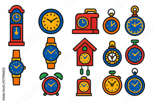 Colorful Clock Icons. Flat vector icons of clock types: grandfather clock, wall clock, mantel clock, pocket watch, wristwatch,