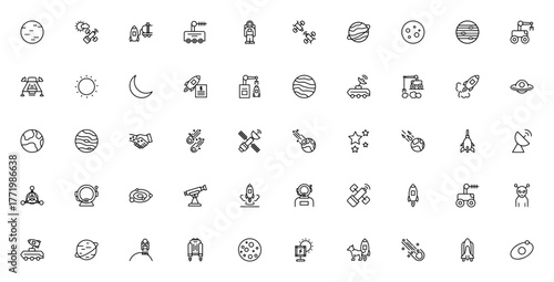 Space icon set. Minimal vector illustration. Feature planets like Neptune, Mar, Jupiter; spacecraft, rocet, astronaut, moon rover,telescope, satellite, galay, and more. Editable stroe.