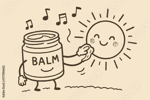 Balm and Sun Serenade. A doodle scene of a happy jar of balm with arms, rubbing ointment onto a cheerful sun, while musical notes