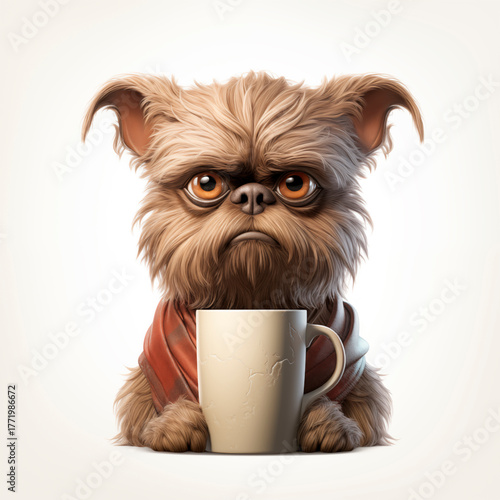 funny dog with a cup of coffee in his hand	
